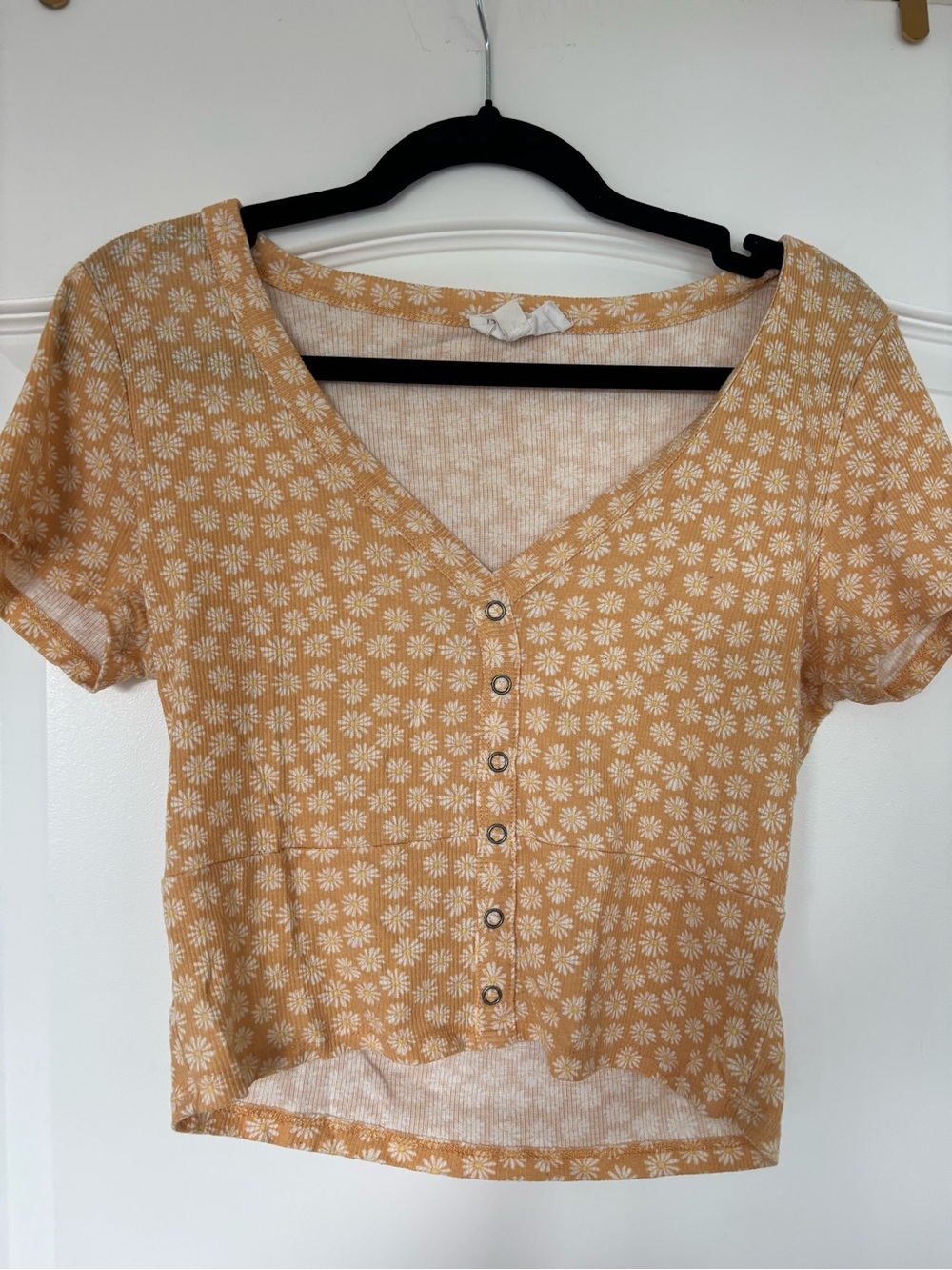 Pink Rose Yellow Daisy Print Button Front Crop Top